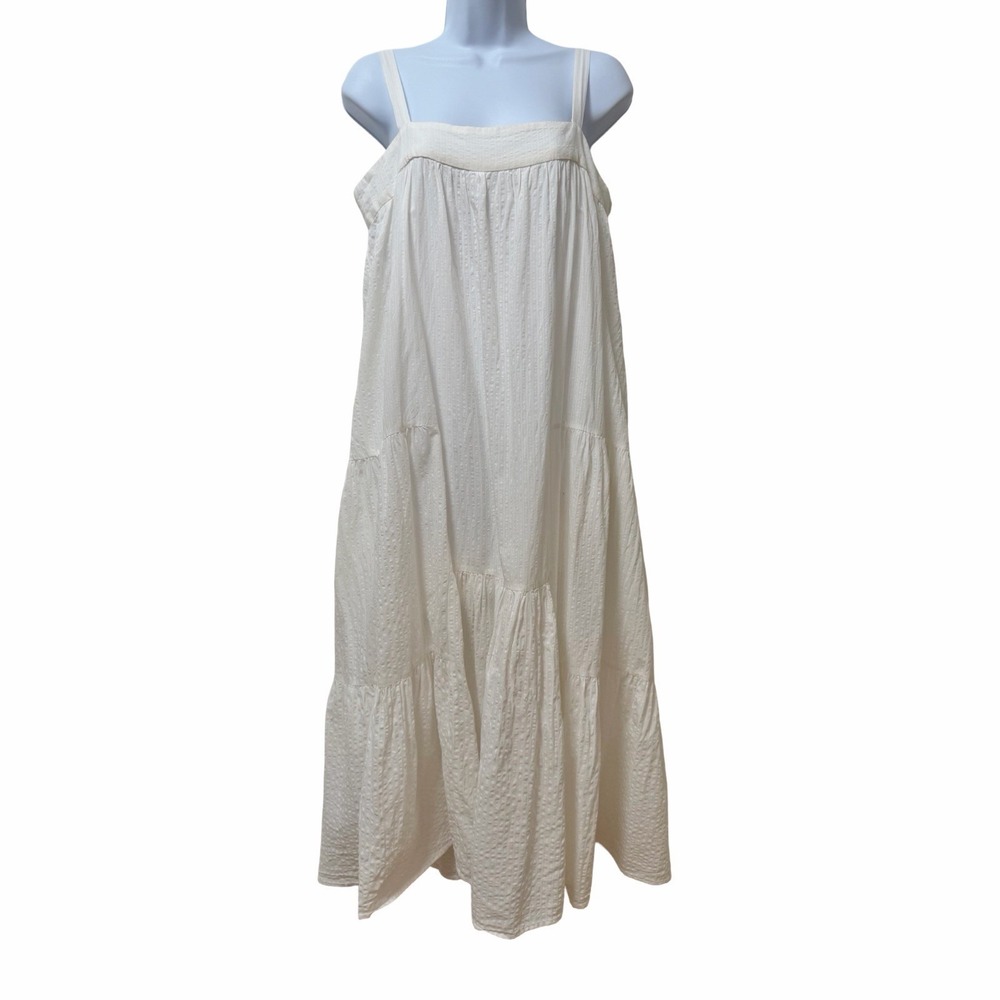 Jenni Kayne Seersucker Square Neck Midi Dress Size L White Summer Sundress